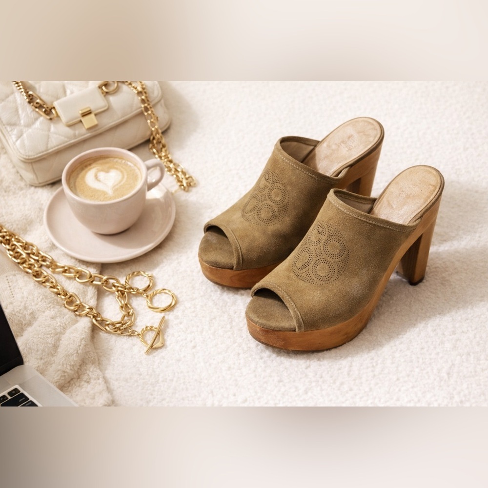 Coach Janett Suede Platform Mule Heels – Boho Festival Peep Toe Clogs